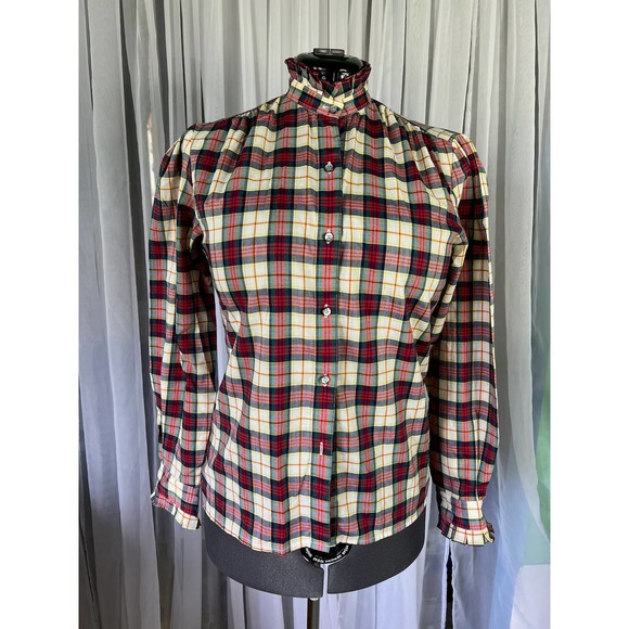 button up blouse ruffle collar plaid red green cream - Picture 1 of 12